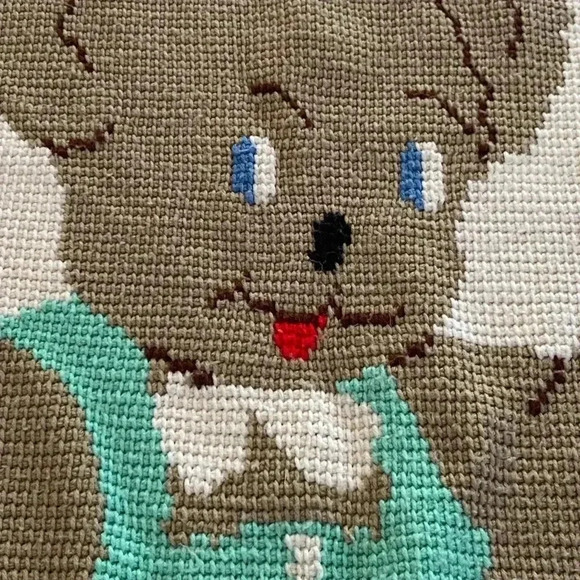 Vintage Crochet Knit Baby Teddy Bear Teal White Throw Nursery Crib Blanket - Picture 4 of 6